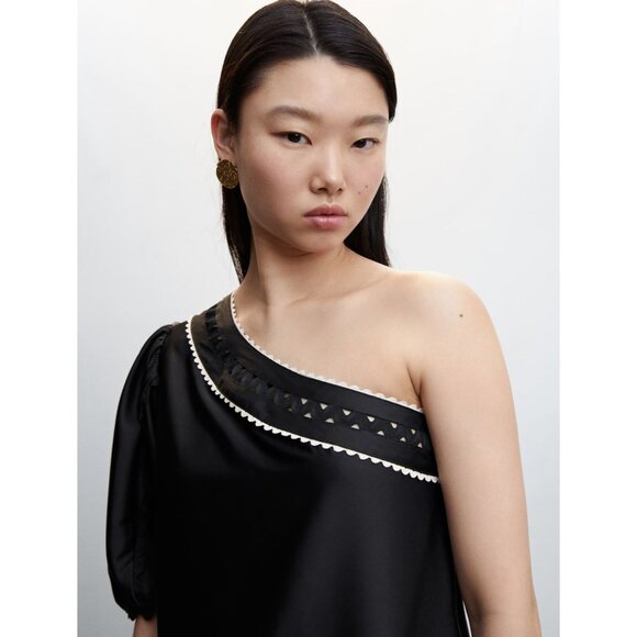 Mango Black Asymmetrical Satin Dress With Puffed Sleeve & Ruffled Hem Sz US 10 - Picture 6 of 13